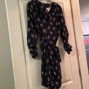 Dress with front tie, navy blue with design